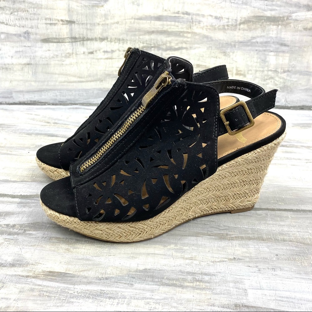 Report Black Peep Toe Platform Espadrille Wedges Zip-Up Laser-Cut Sandals
